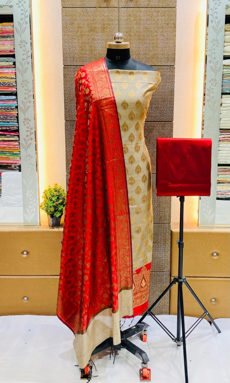 Exclusive Banarasi 3 pc Katan Silk Unstitched Salwar Suit with Dupatta