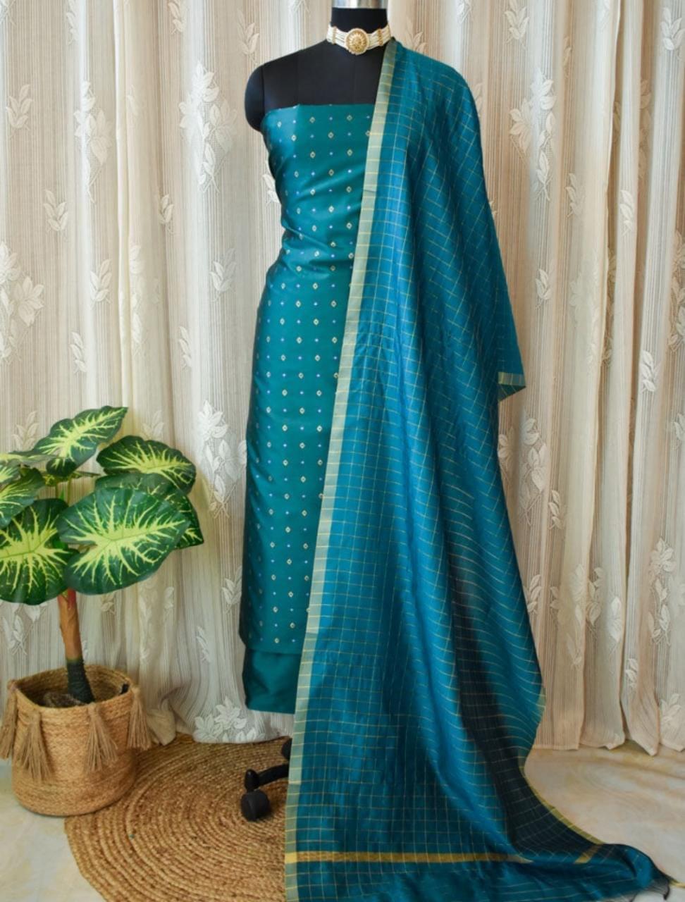 Exclusive Banarasi katan Silk Unstitched Suit With  Dupatta.